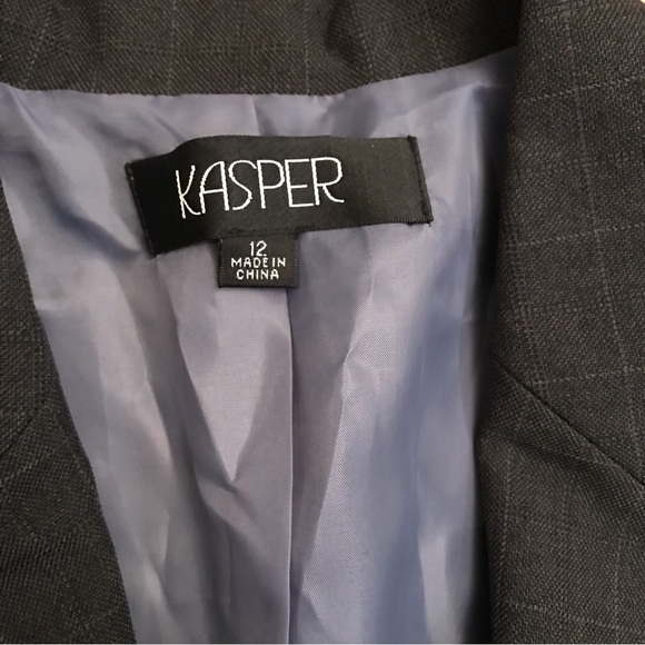 Kasper Womens Dark Grey Blazer Size 12 Large Checker Pinstripe Professional - Picture 5 of 10